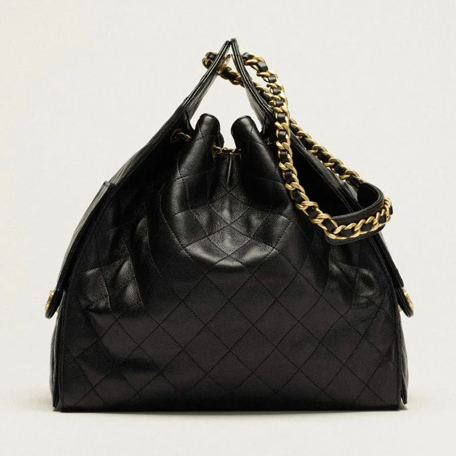 Chanel Gabrielle Drawstring Bucket Bag in Black Quilted Metallic Calfskin with Gold Hardwa 26 cm