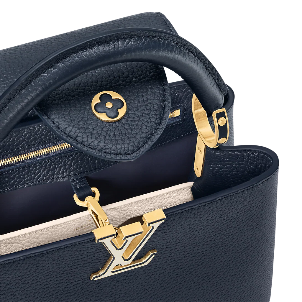 Louis Vuitton Capucines Mini Bag in Black Grained Leather and Gold Hardware 22 cm