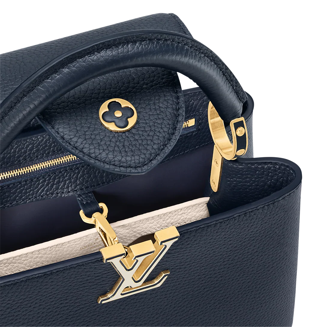 Louis Vuitton Capucines Mini Bag in Black Grained Leather and Gold Hardware 22 cm