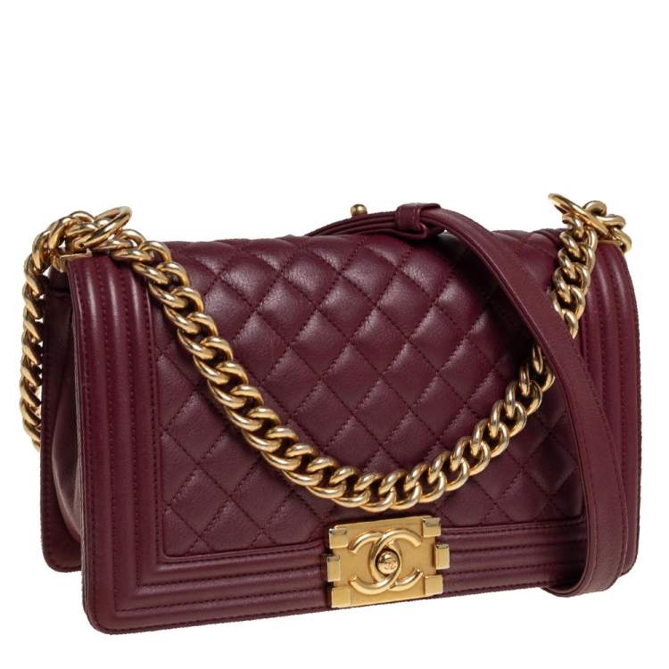 Chanel Boy Bag in burgundy Quilted Lambskin with Gold Hardware