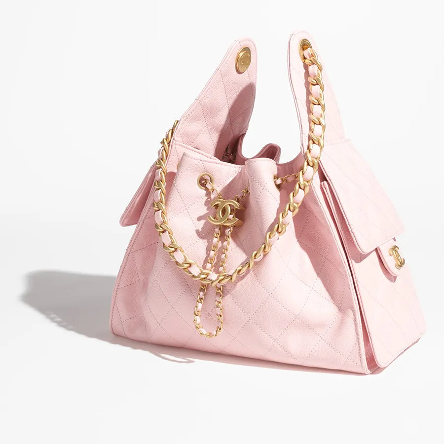 Chanel Gabrielle Drawstring Bucket Bag in Pink Quilted Metallic Calfskin with Gold Hardwa 26 cm