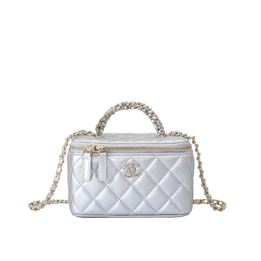 Chanel Vanity Case in Silver Lambskin with Gold Hardware 17 cm