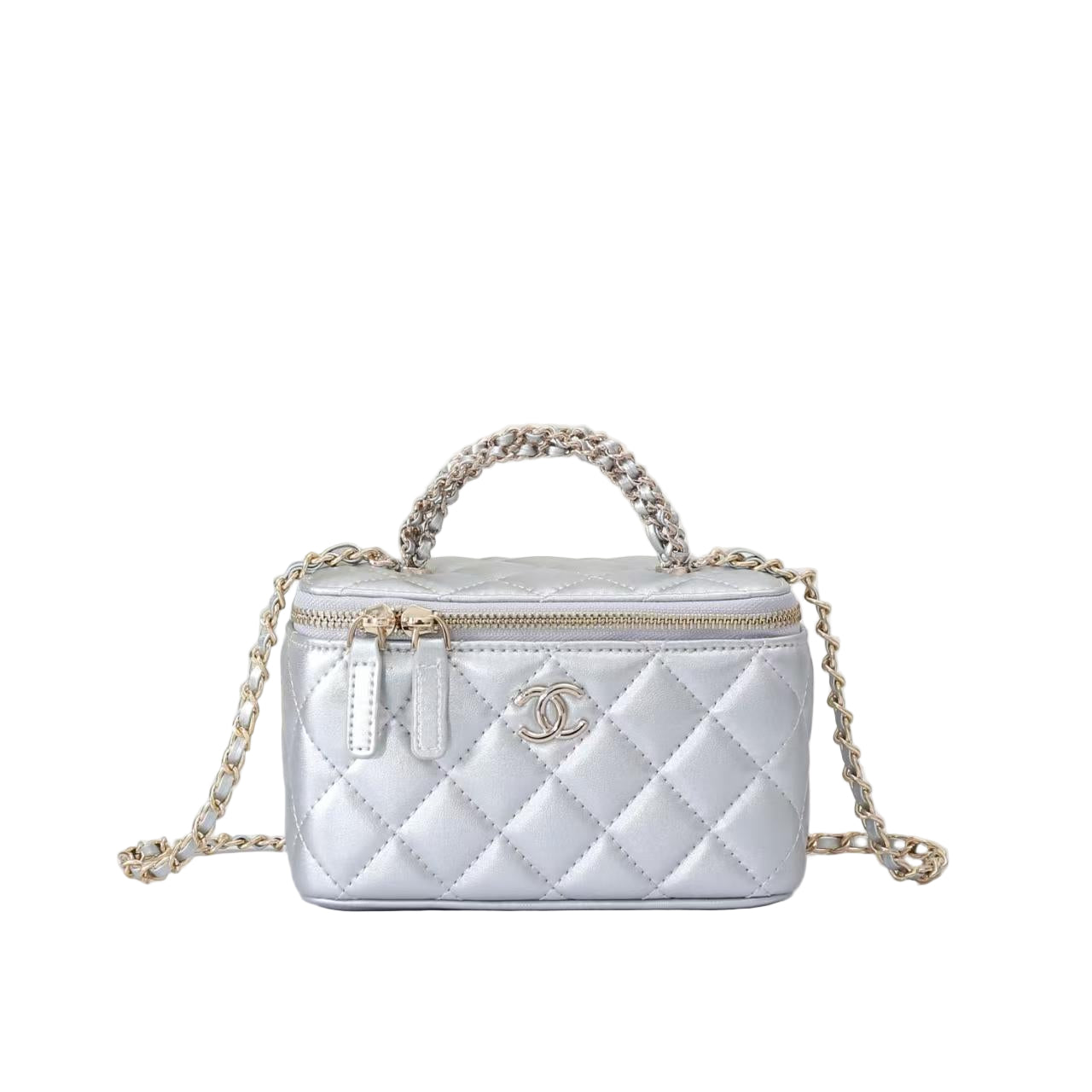Chanel Vanity Case in Silver Lambskin with Gold Hardware 17 cm