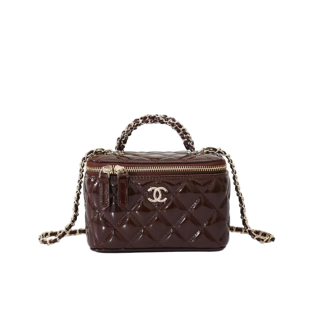 Chanel Vanity Case in Deep Burgundy Patent Leather Lambskin with Gold Hardware 17 cm