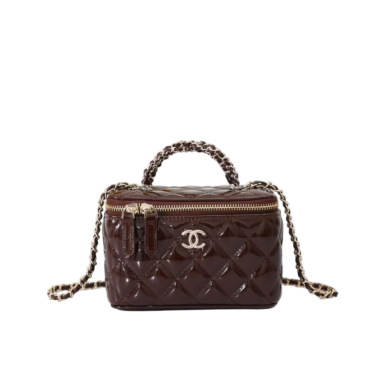 Chanel Vanity Case in Deep Burgundy Patent Leather Lambskin with Gold Hardware 17 cm