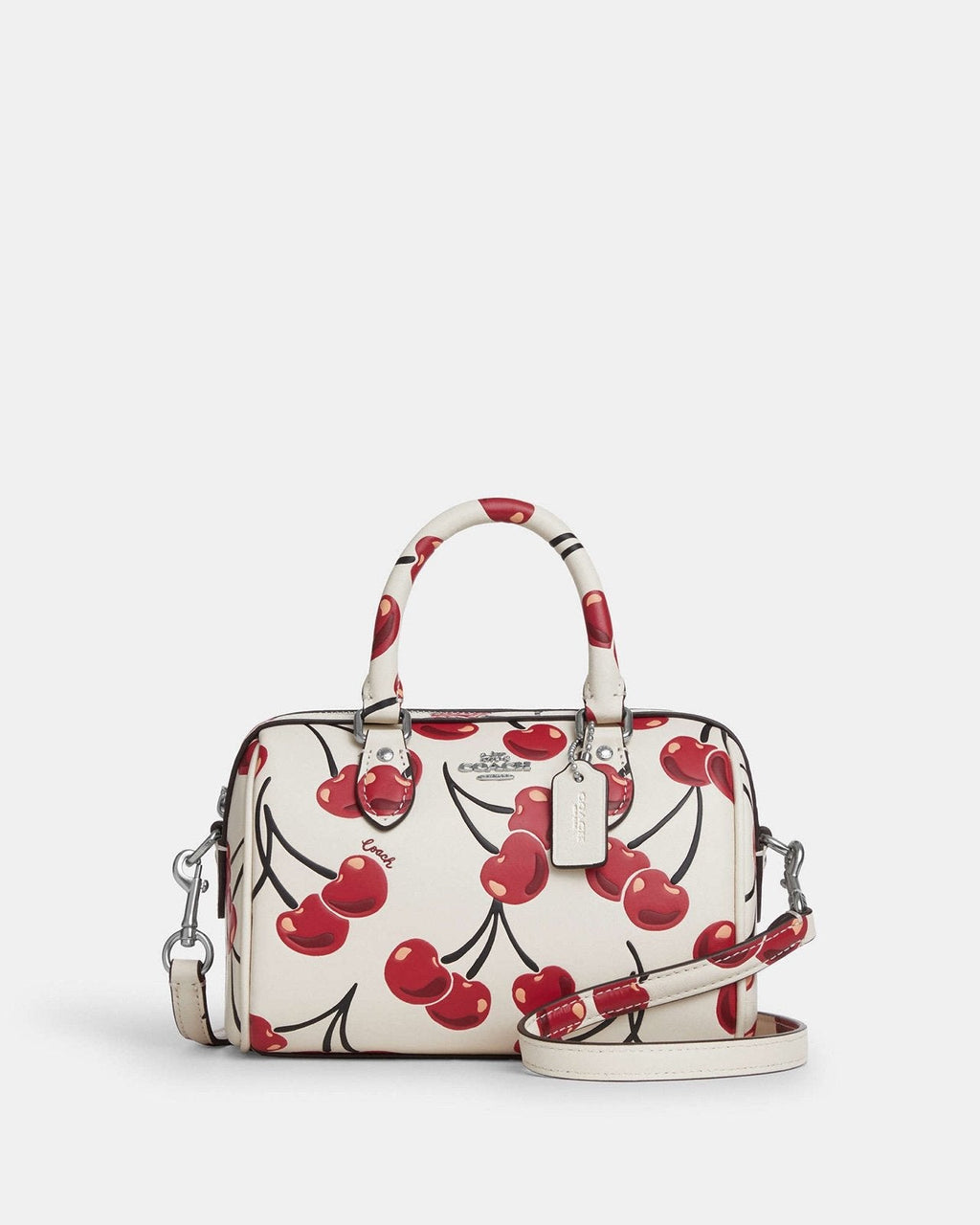 Coach Mini Rowan Crossbody 20 cm white with a cherry print.