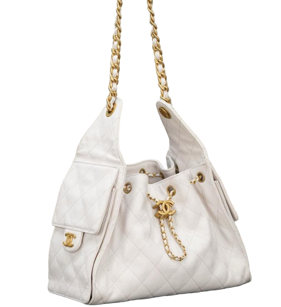 Chanel Gabrielle Drawstring Bucket Bag in White Quilted Metallic Calfskin with Gold Hardwa 26 cm
