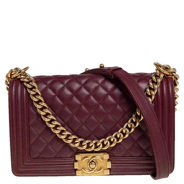 Chanel Boy Bag in burgundy Quilted Lambskin with Gold Hardware