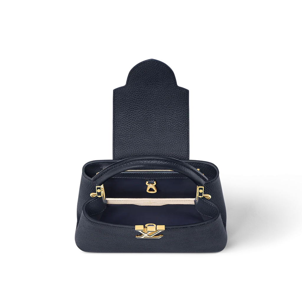 Louis Vuitton Capucines Mini Bag in Black Grained Leather and Gold Hardware 22 cm