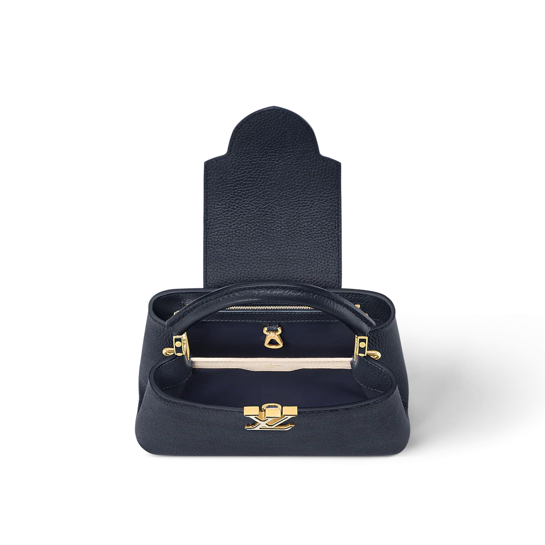 Louis Vuitton Capucines Mini Bag in Black Grained Leather and Gold Hardware 22 cm