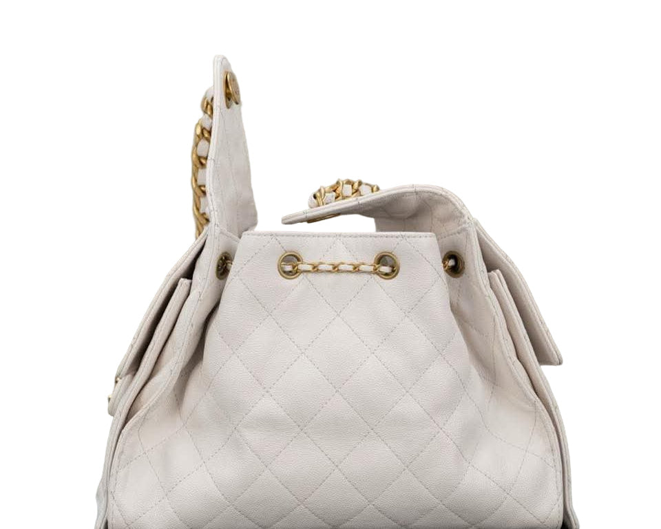 Chanel Gabrielle Drawstring Bucket Bag in White Quilted Metallic Calfskin with Gold Hardwa 26 cm
