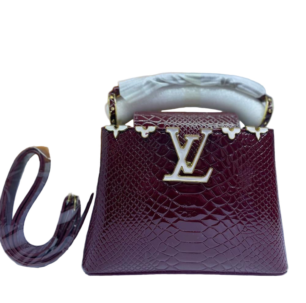 Louis Vuitton Capucines Mini Bag in Burgundy Glossy Snake-Embossed Leather with Gold Hardware 21 cm
