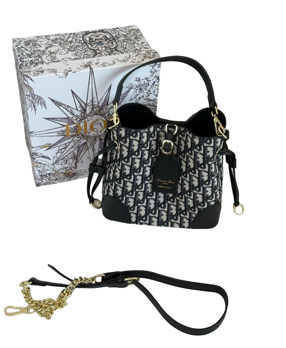 Christian Dior Small Bucket Bag _ Oblique Canvas Black/Beige,Black Leather Trim 21 cm