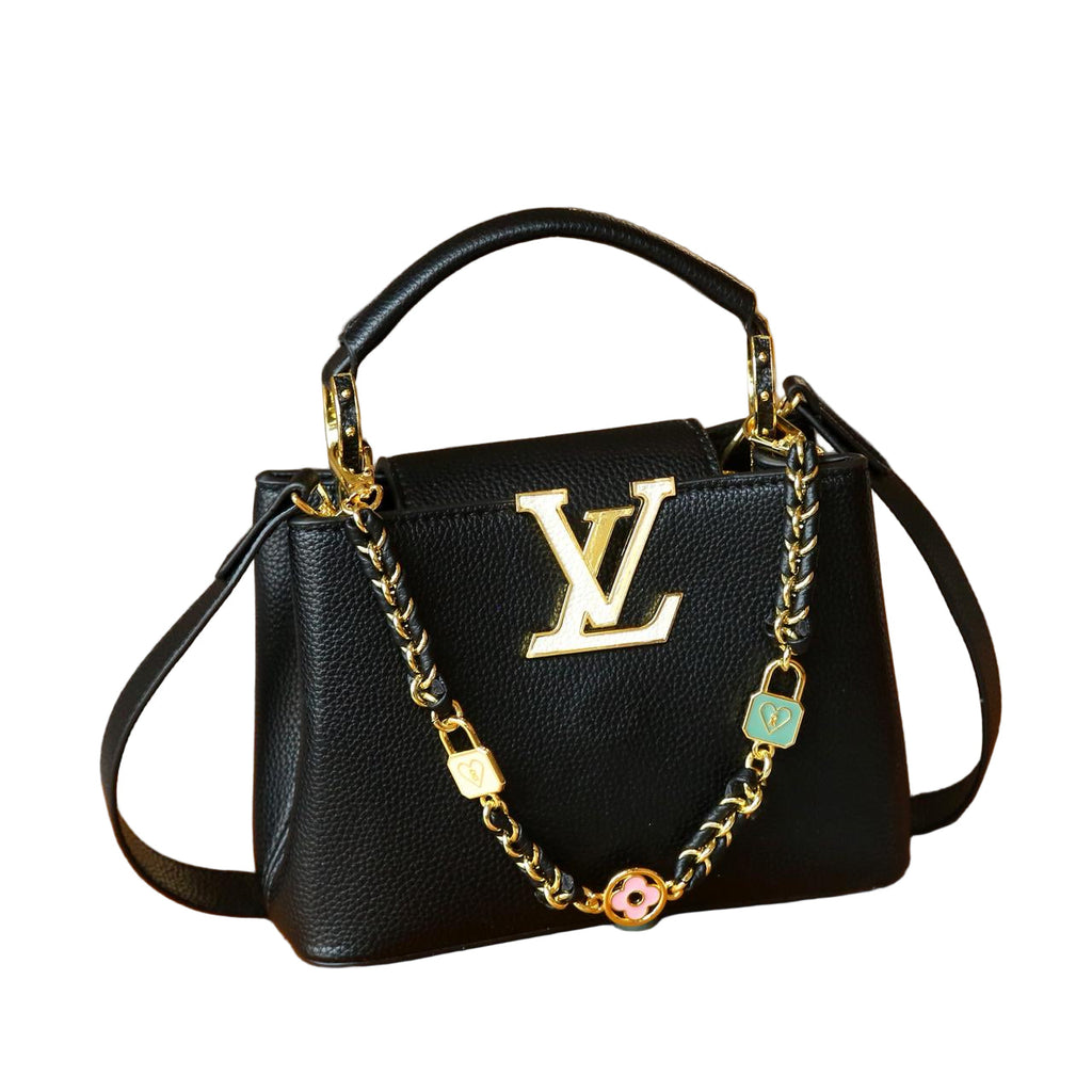 Louis Vuitton Capucines Mini Bag in Black Grained Leather and Gold Hardware 22 cm