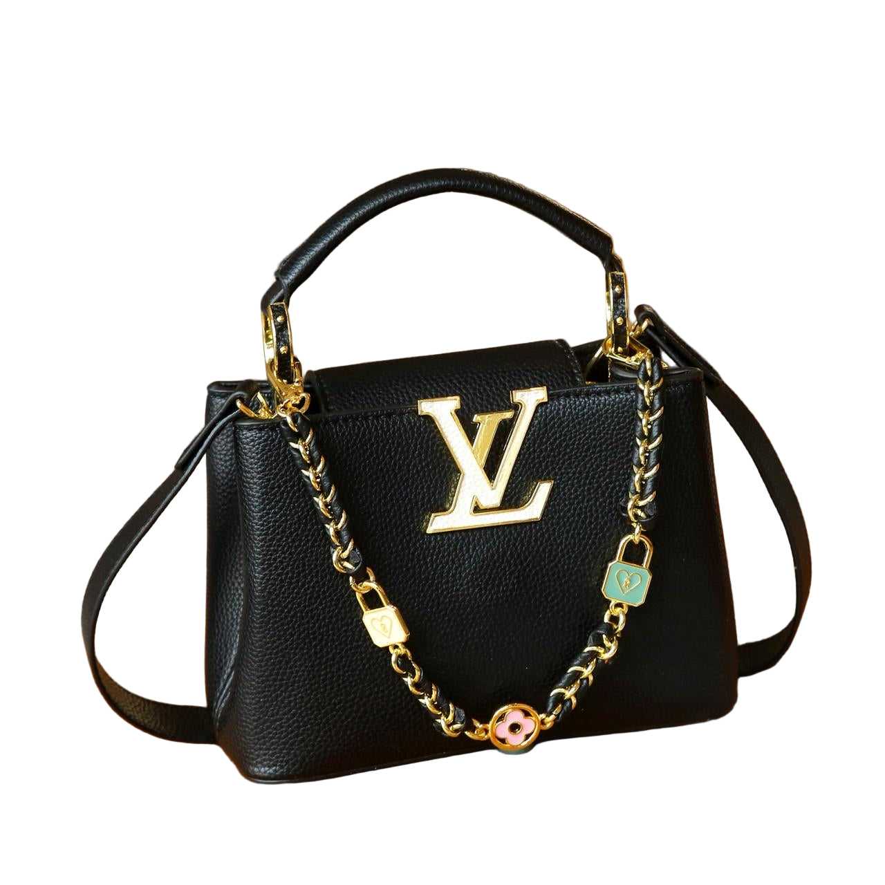 Louis Vuitton Capucines Mini Bag in Black Grained Leather and Gold Hardware 22 cm