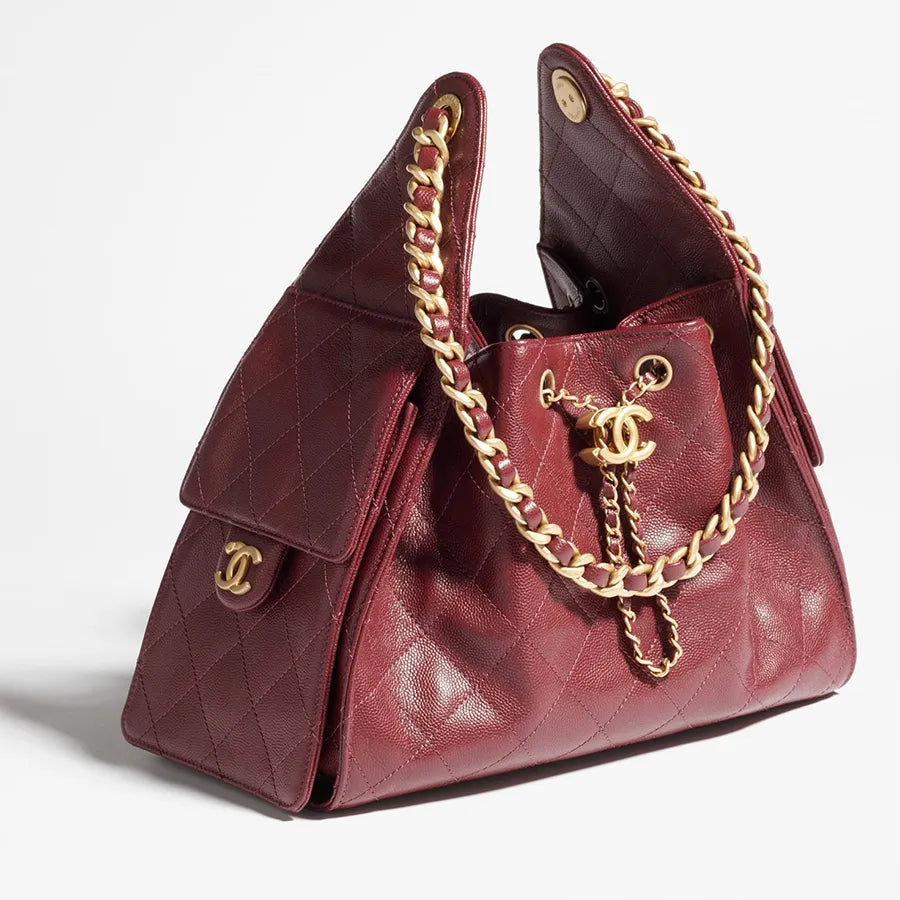 Chanel Gabrielle Drawstring Bucket Bag in Burgundy Quilted Metallic Calfskin with Gold Hardwa 26 cm