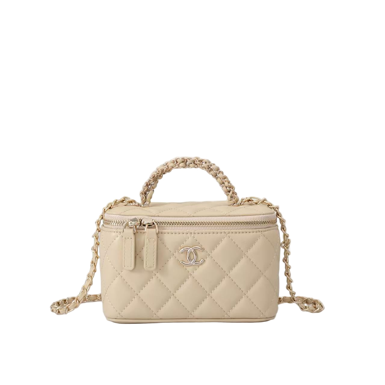 Chanel Vanity Case in Beige Lambskin with Gold Hardware 17 cm
