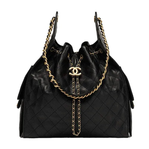 Chanel Gabrielle Drawstring Bucket Bag in Black Quilted Metallic Calfskin with Gold Hardwa 26 cm