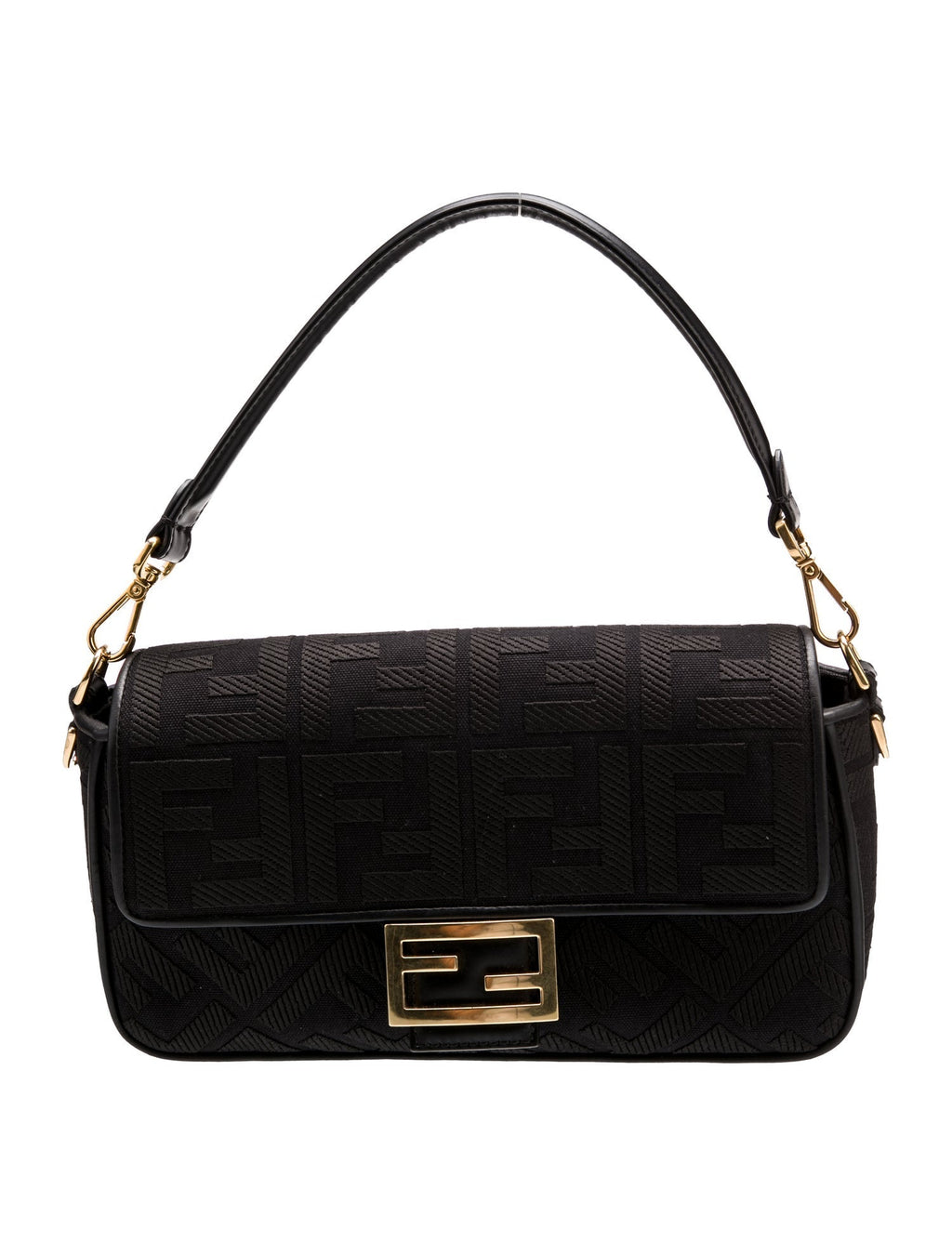 Fendi Baguette Bag in Black FF Canvas with Gold Hardware 26 cm