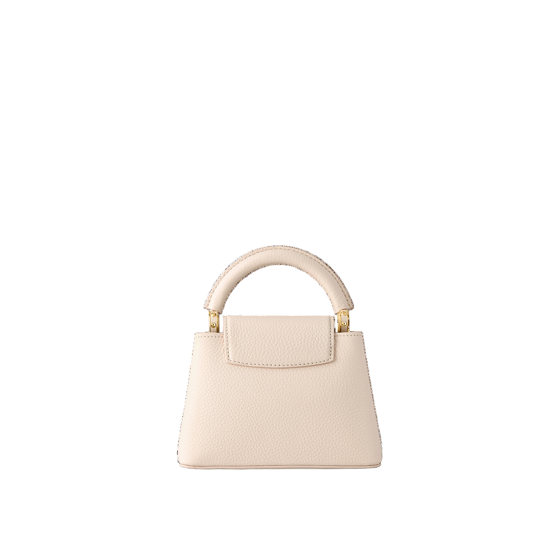 Louis Vuitton Capucines Mini Bag in Cream Grained Leather with Pink Handle and Gold Hardware 22 cm