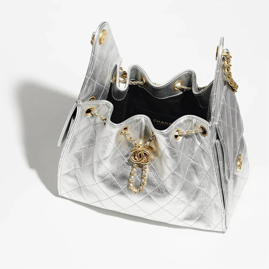 Chanel Gabrielle Drawstring Bucket Bag in Silver Quilted Metallic Calfskin with Gold Hardwa 26 cm