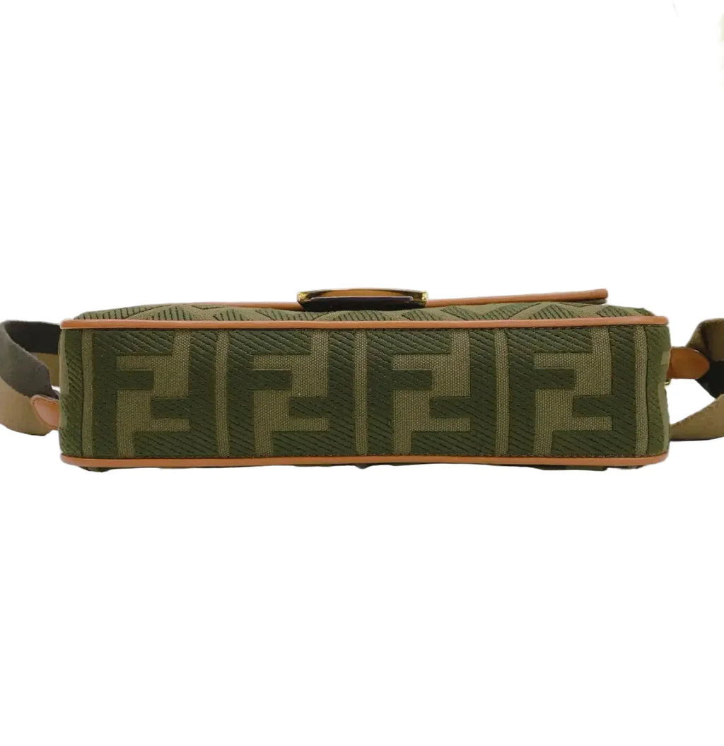 Fendi Baguette Bag in Olive Green FF Canvas with Light Brown Leather Trim and Gold Hardware 26 cm