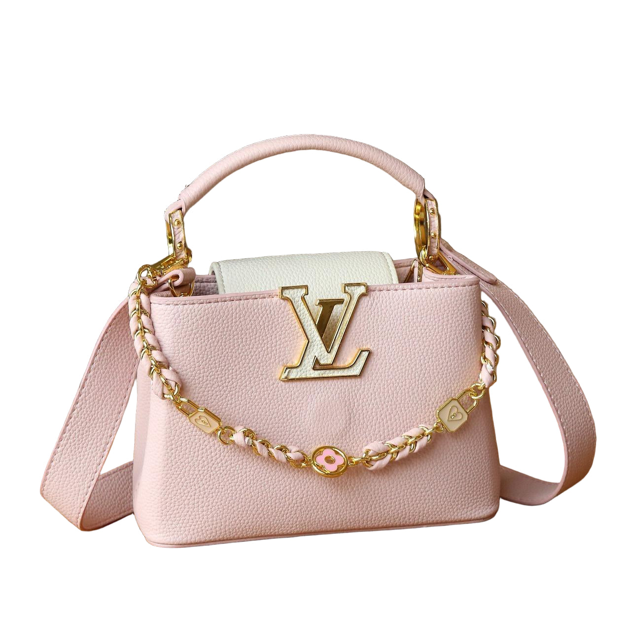 Louis Vuitton Capucines Mini Bag in Rose Grained Leather and Gold Hardware 22 cm