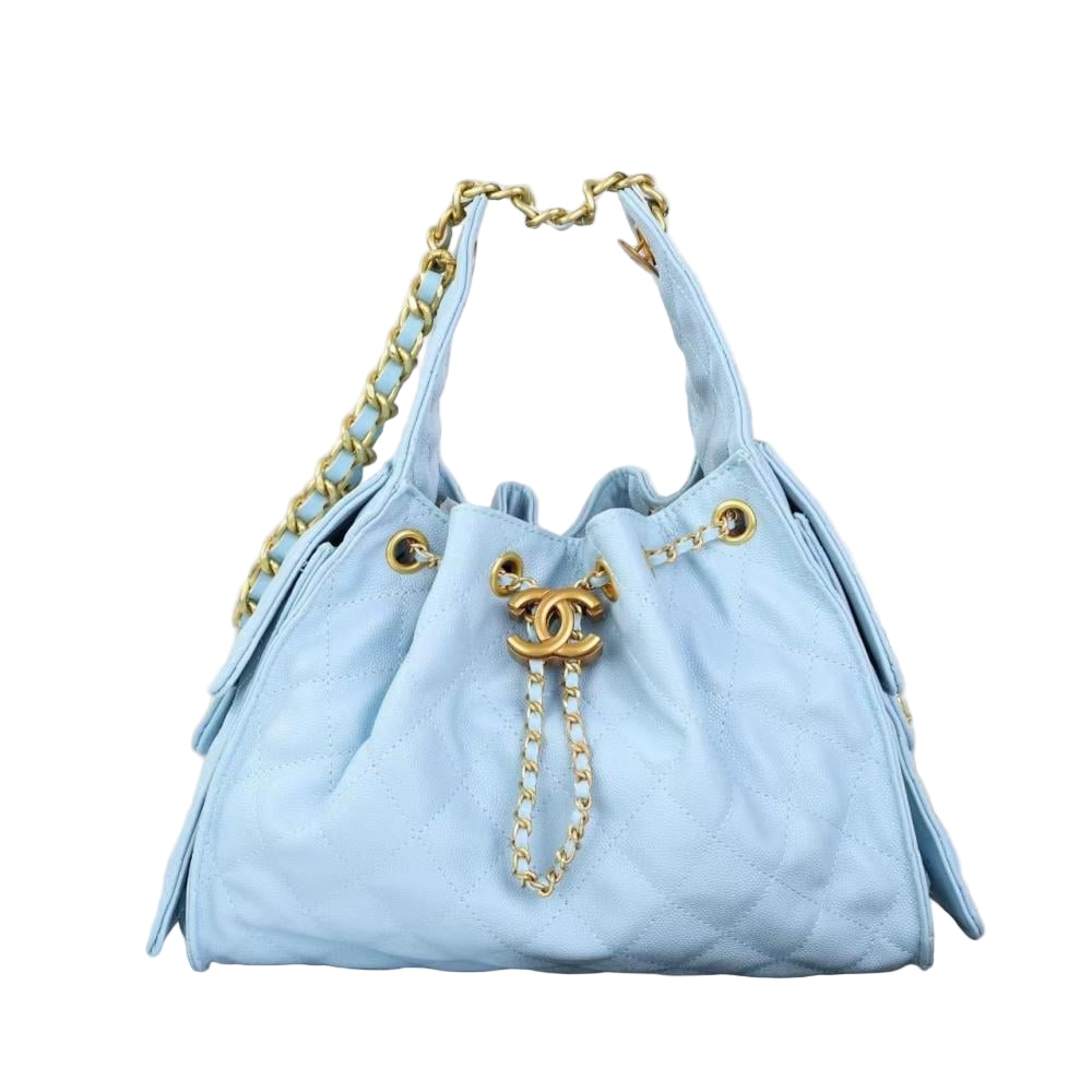Chanel Gabrielle Drawstring Bucket Bag in Baby Blue Quilted Metallic Calfskin with Gold Hardwa 26 cm