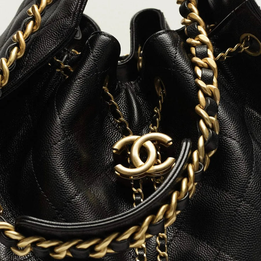 Chanel Gabrielle Drawstring Bucket Bag in Black Quilted Metallic Calfskin with Gold Hardwa 26 cm