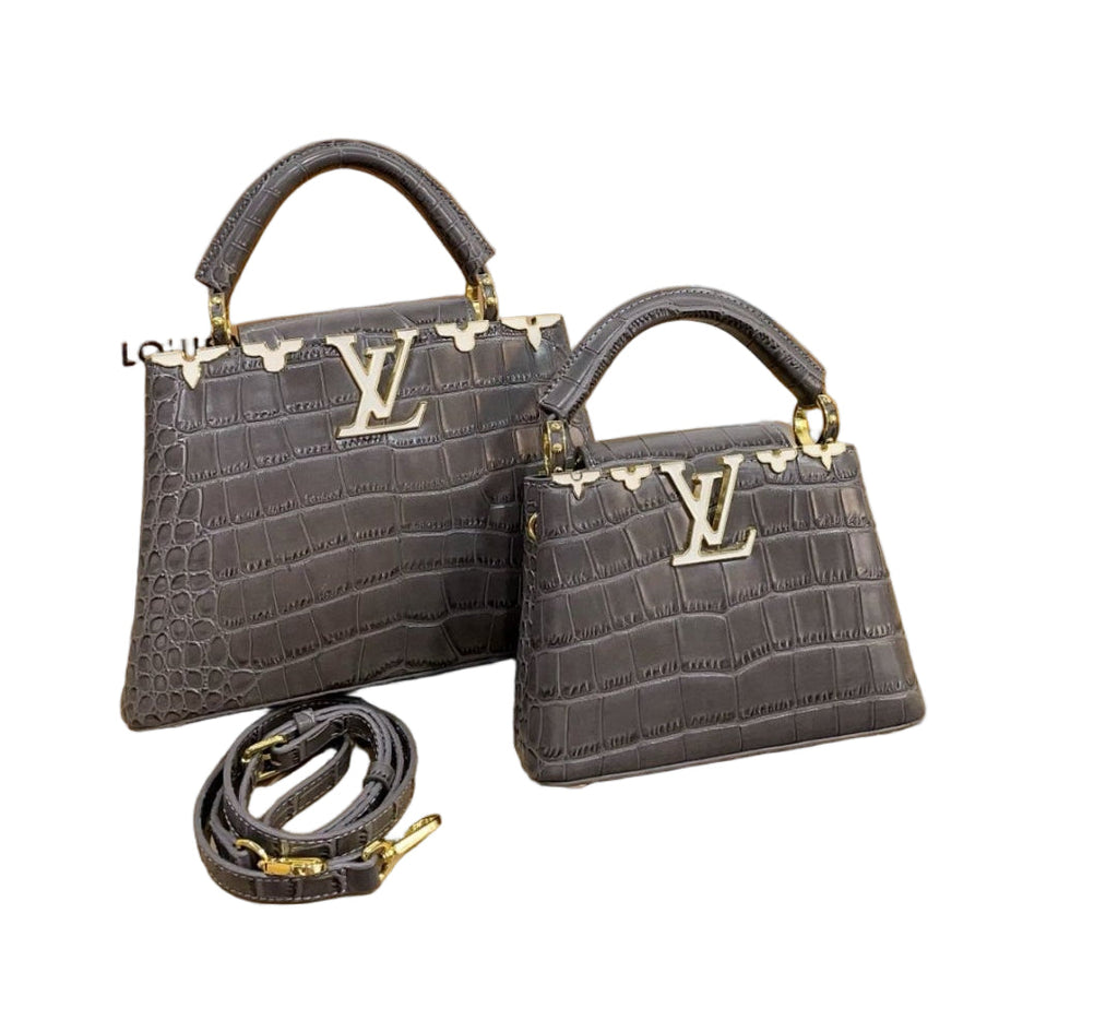 Louis Vuitton Capucines BB in Cognac Grey Crocodile-Embossed Leather with Gold Hardware 21 cm