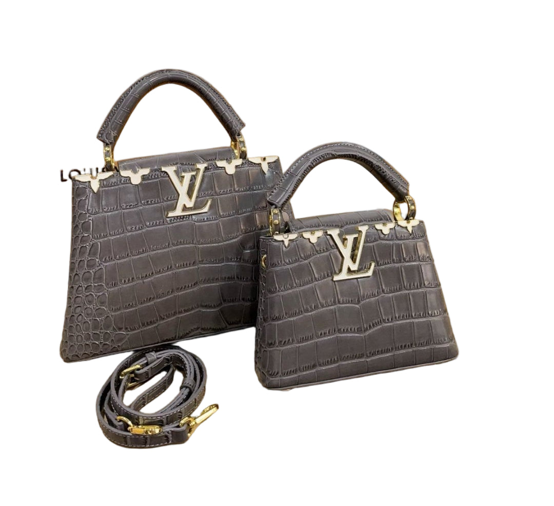 Louis Vuitton Capucines BB in Cognac Grey Crocodile-Embossed Leather with Gold Hardware 21 cm