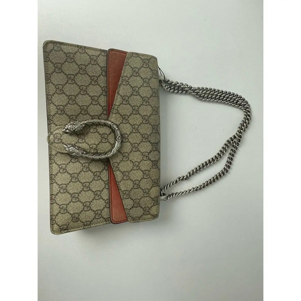 Gucci Dionysus GG Supreme Small Shoulder Bag in Beige/Brown Canvas with Cognac Leather Details and Antique Silver Chain 25 cm