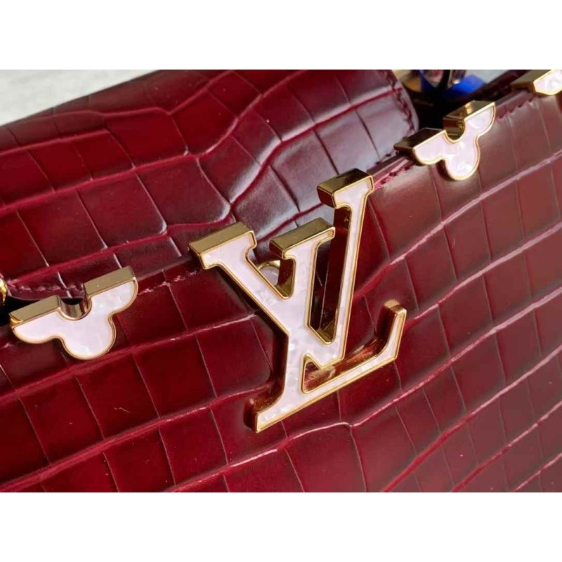 Louis Vuitton Capucines Mini Bag in Burgundy Glossy Snake-Embossed Leather with Gold Hardware 21 cm