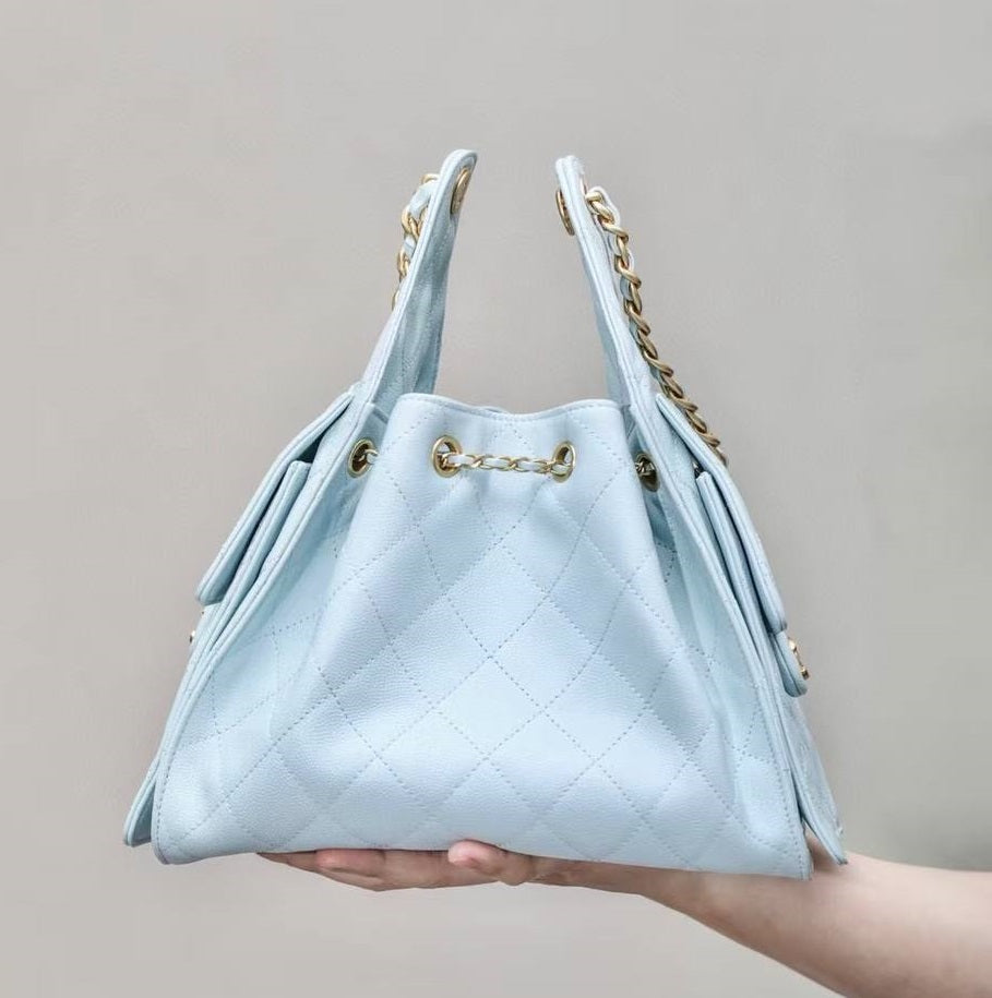 Chanel Gabrielle Drawstring Bucket Bag in Baby Blue Quilted Metallic Calfskin with Gold Hardwa 26 cm