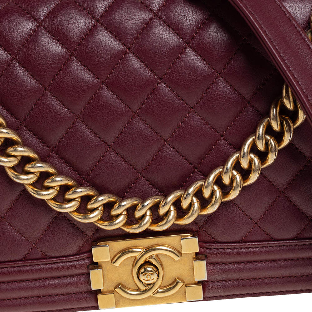 Chanel Boy Bag in burgundy Quilted Lambskin with Gold Hardware