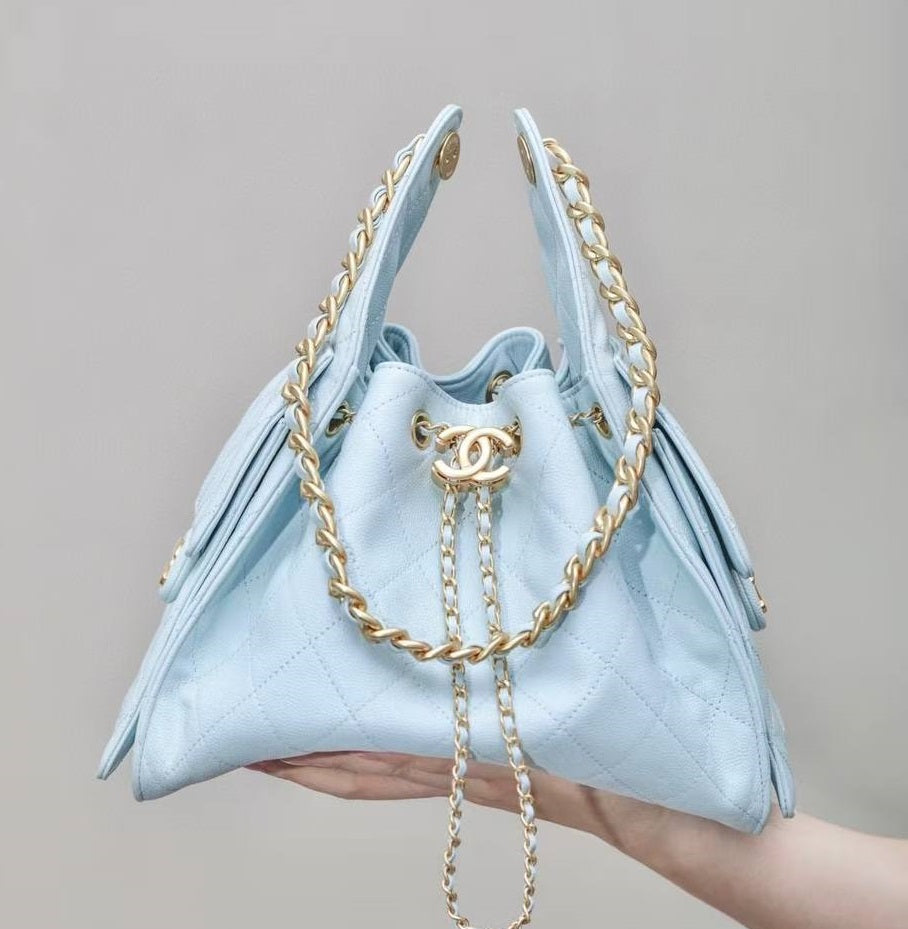 Chanel Gabrielle Drawstring Bucket Bag in Baby Blue Quilted Metallic Calfskin with Gold Hardwa 26 cm