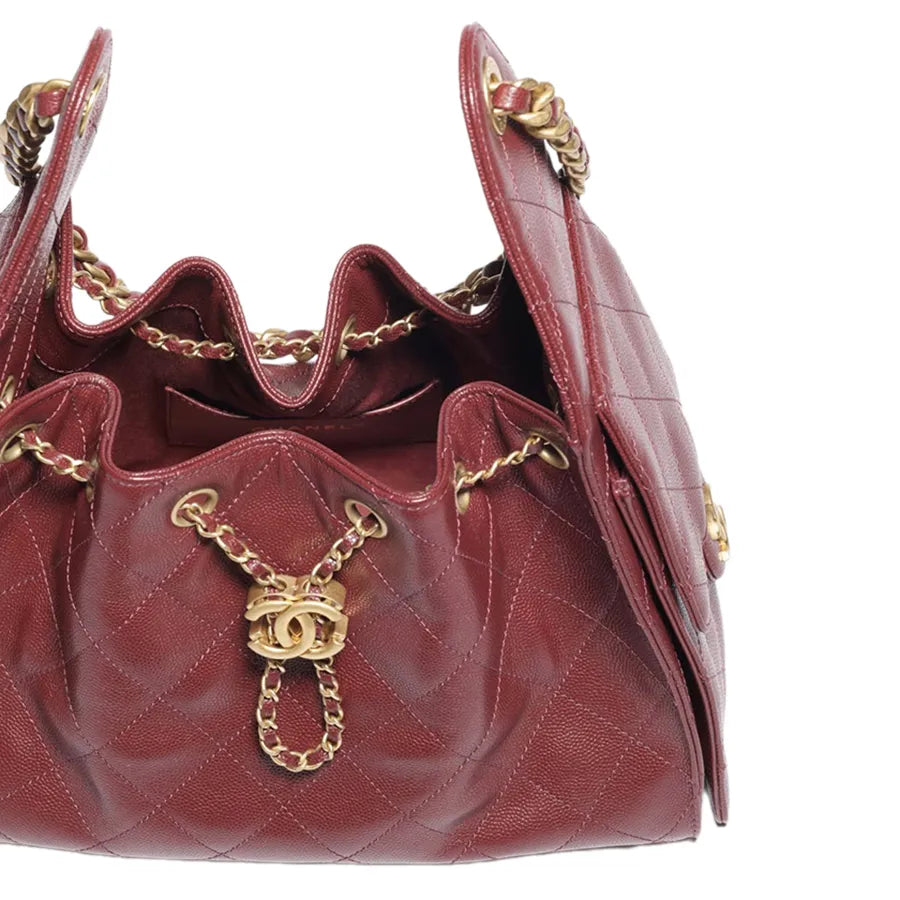 Chanel Gabrielle Drawstring Bucket Bag in Burgundy Quilted Metallic Calfskin with Gold Hardwa 26 cm