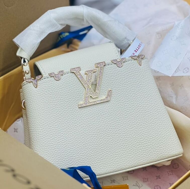 Louis Vuitton Capucines BB in White Grained Taurillon Leather with Gold Hardware