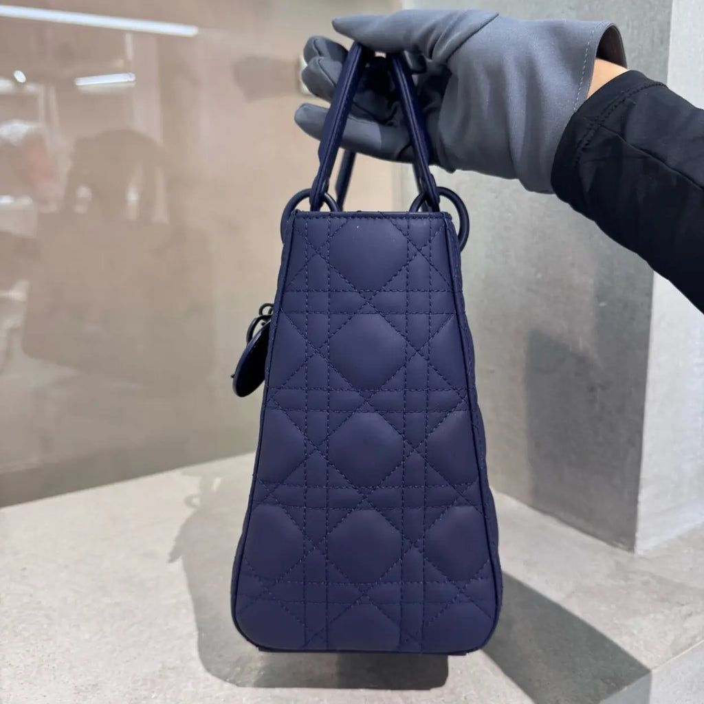 Dior Lady Dior Medium Bag in Matte Blue Cannage Calfskin with Black Hardware 20 cm