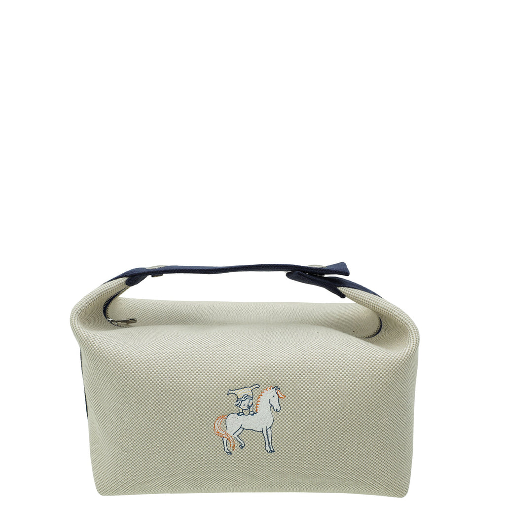 Hermes Bride à brac cloth vanity case in beige Canvas with black Handle 22 cm