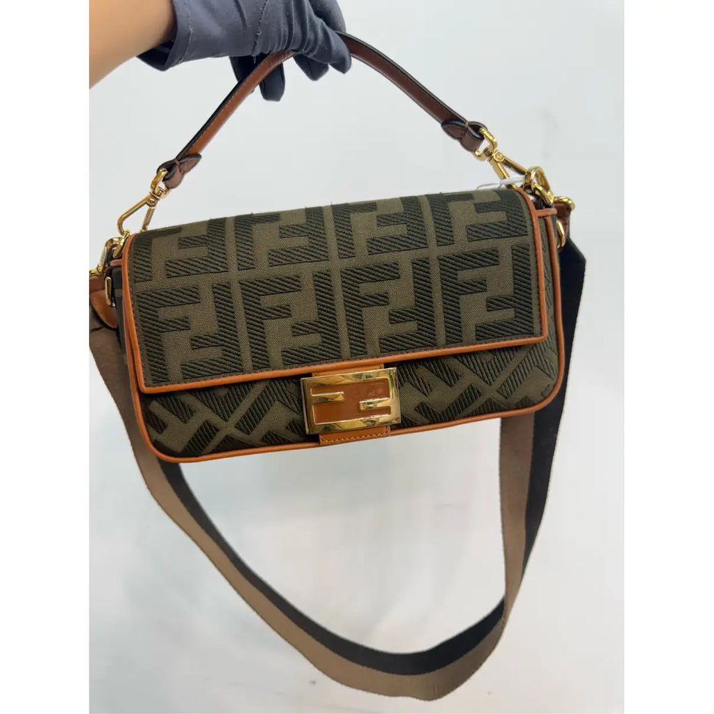 Fendi Baguette Bag in Olive Green FF Canvas with Light Brown Leather Trim and Gold Hardware 26 cm