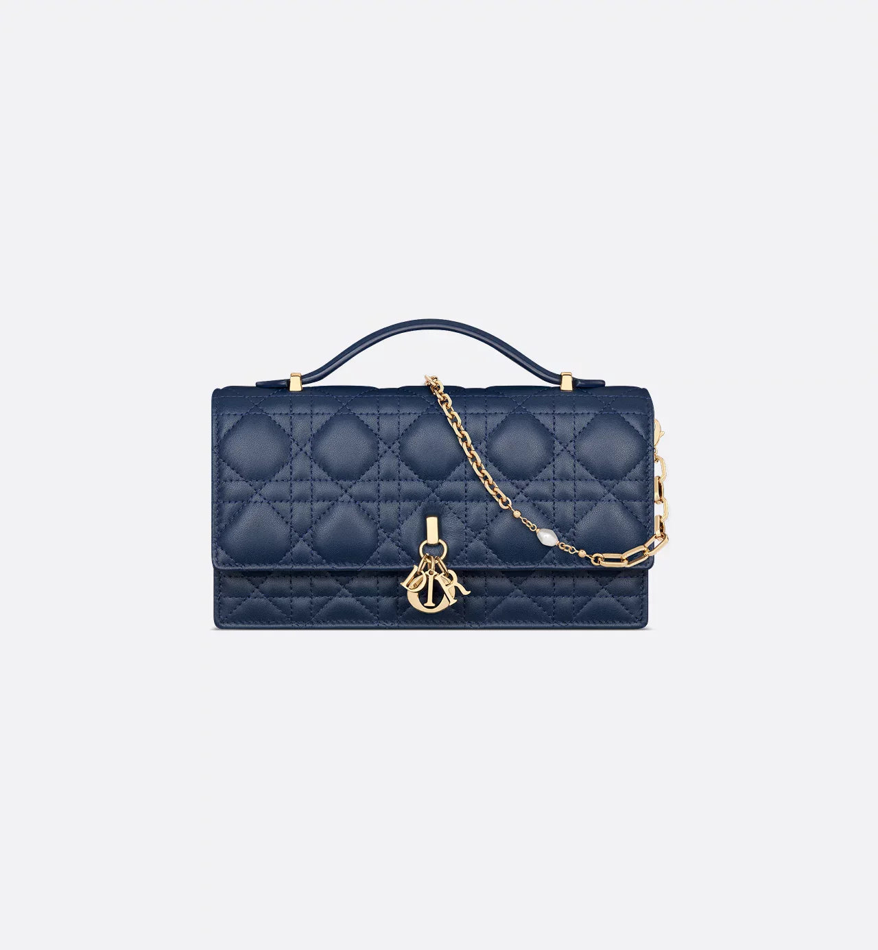 Dior Lady Dior Top Handle Bag in Navy Blue Quilted Lambskin with Gold Hardware – 20 cm