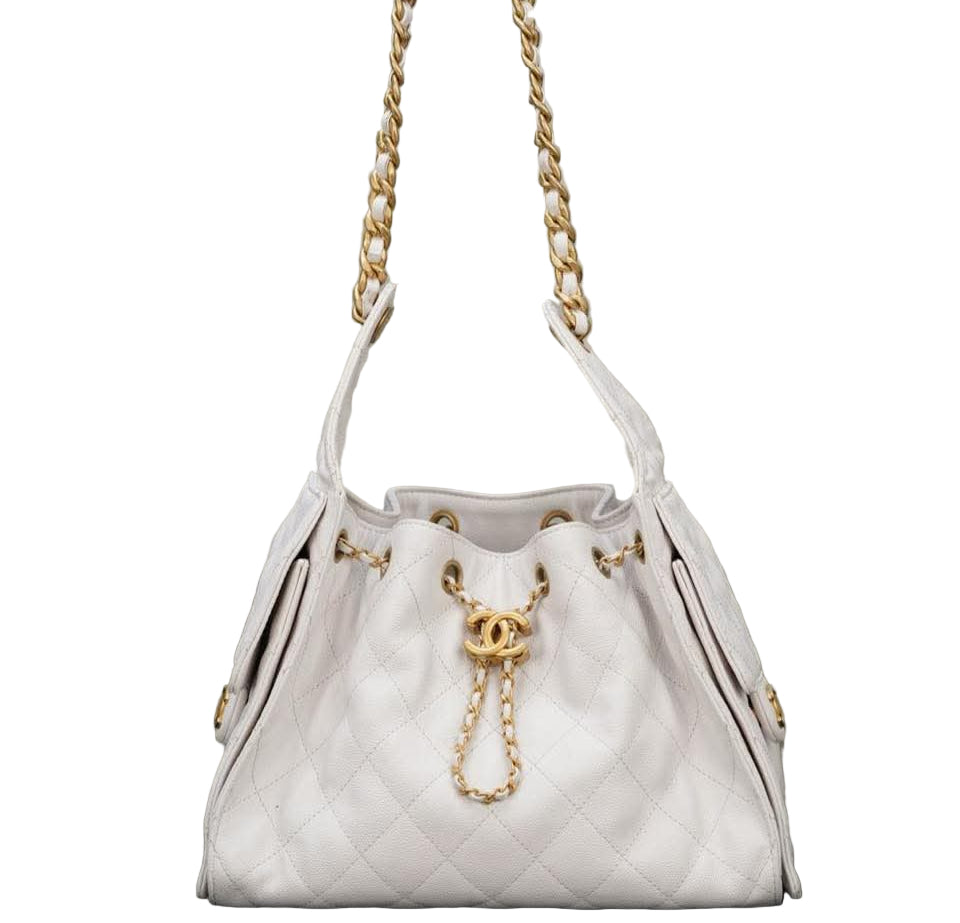 Chanel Gabrielle Drawstring Bucket Bag in White Quilted Metallic Calfskin with Gold Hardwa 26 cm