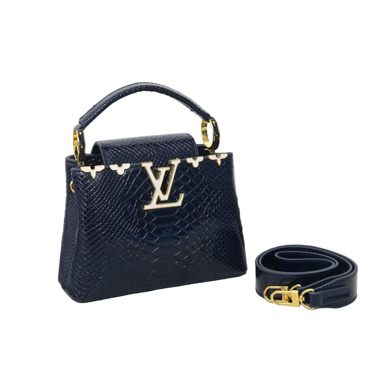 Louis Vuitton Capucines Mini Bag in Dark Blue Glossy Snake-Embossed Leather with Gold Hardware 21 cm
