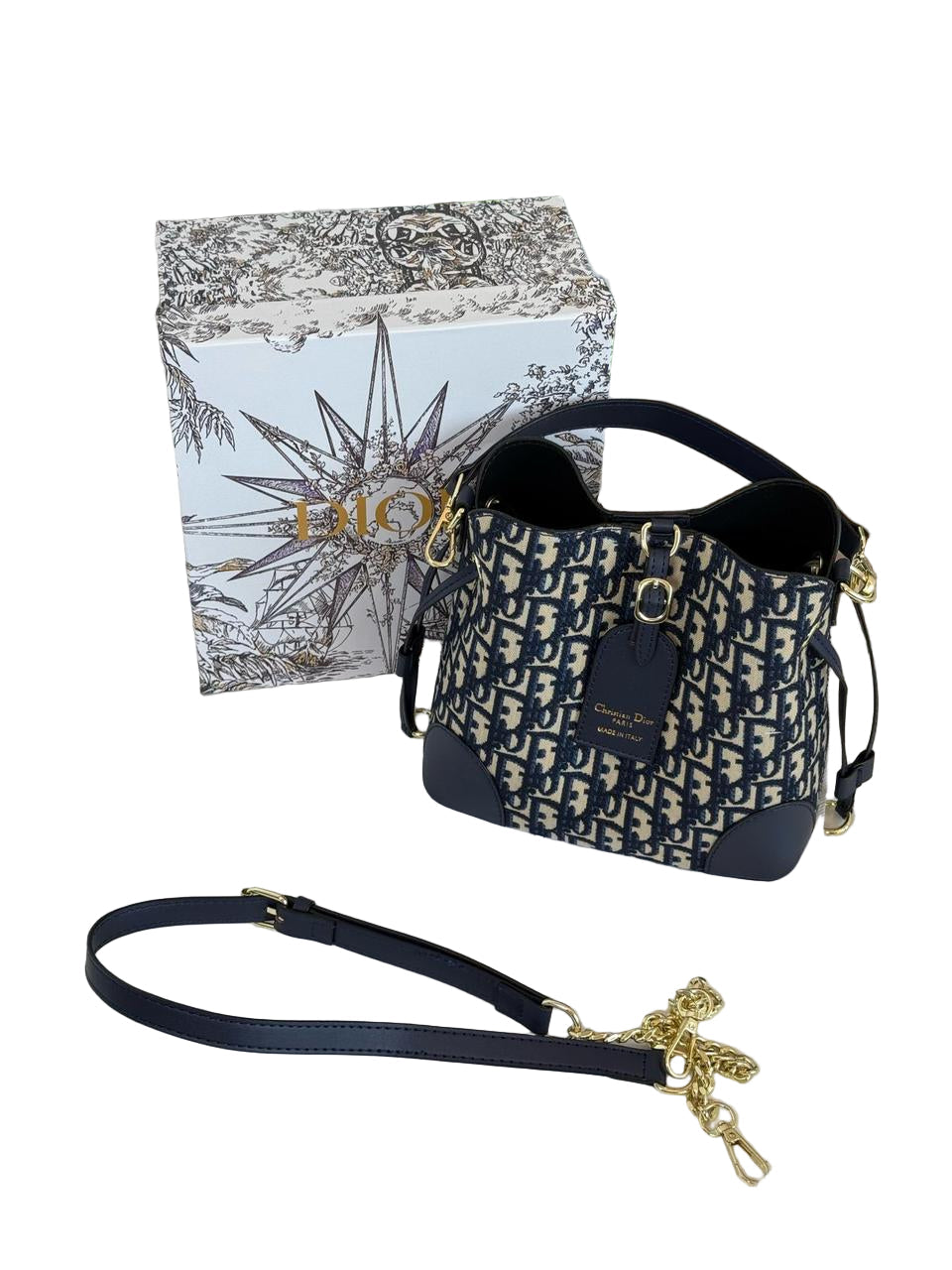 Christian Dior Small Bucket Bag _ Oblique Canvas Navy Blue/Beige 21 cm