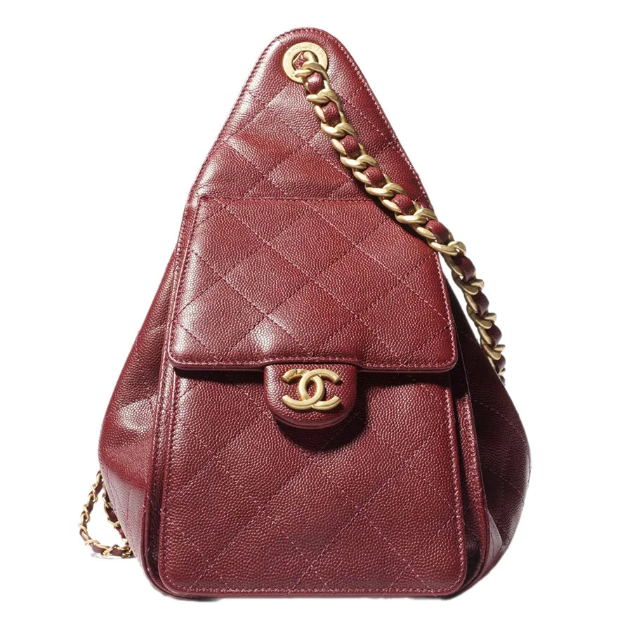 Chanel Gabrielle Drawstring Bucket Bag in Burgundy Quilted Metallic Calfskin with Gold Hardwa 26 cm
