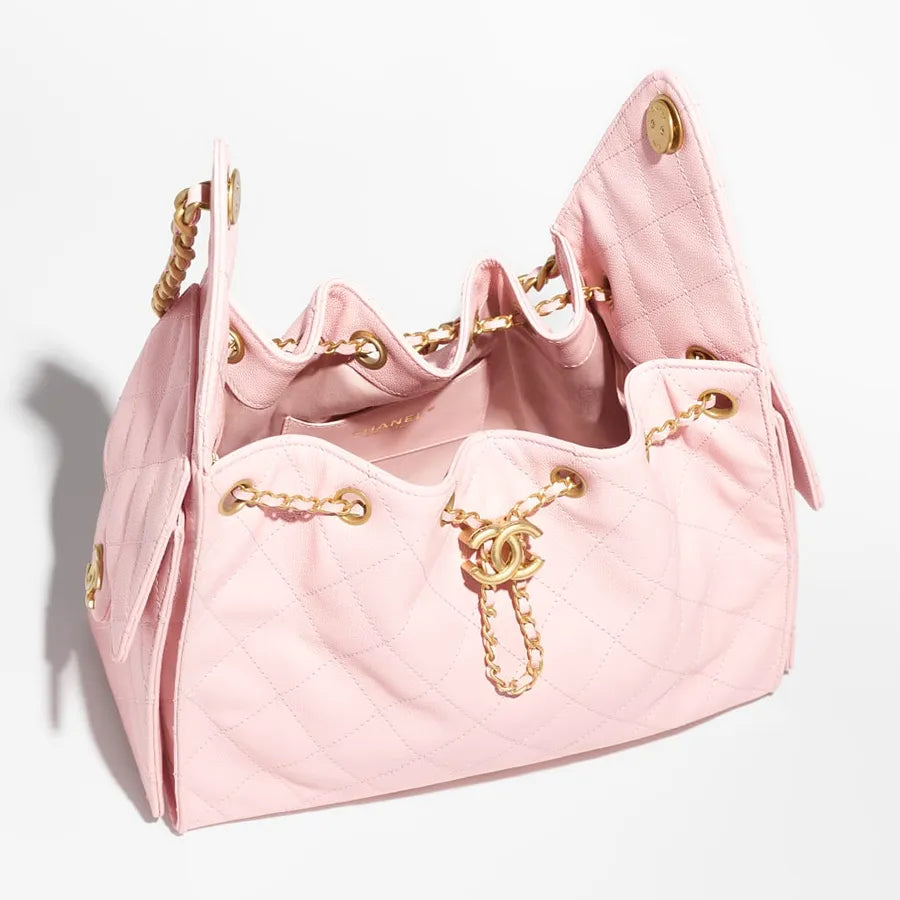 Chanel Gabrielle Drawstring Bucket Bag in Pink Quilted Metallic Calfskin with Gold Hardwa 26 cm