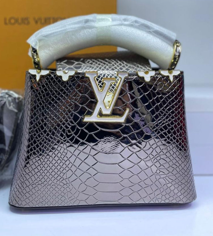 Louis Vuitton Capucines Mini Bag in Dark Bronzy Glossy Snake-Embossed Leather with Gold Hardware 21 cm