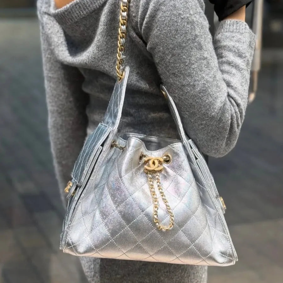 Chanel Gabrielle Drawstring Bucket Bag in Silver Quilted Metallic Calfskin with Gold Hardwa 26 cm
