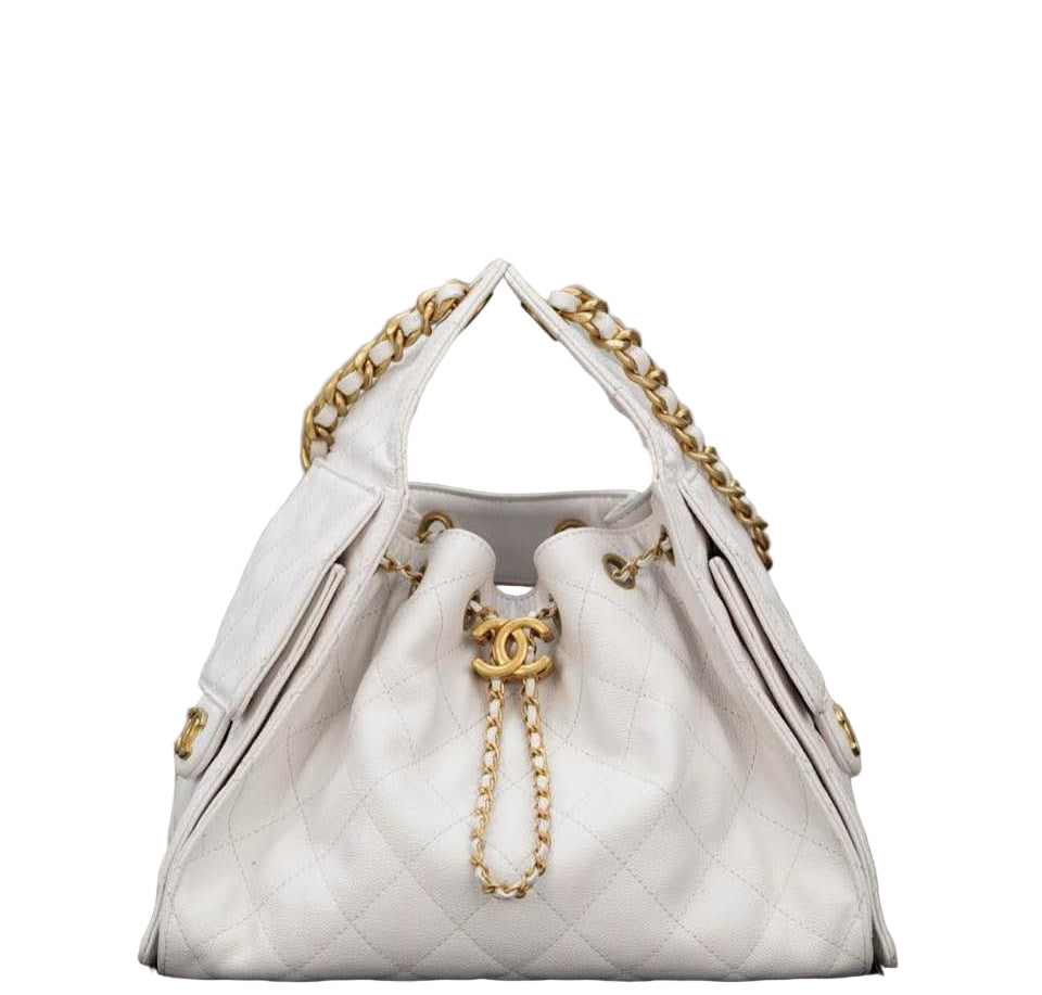 Chanel Gabrielle Drawstring Bucket Bag in White Quilted Metallic Calfskin with Gold Hardwa 26 cm